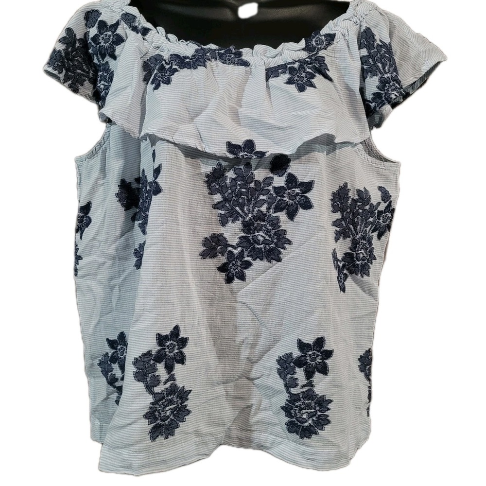 J Jill Off the Shoulder Striped Floral Blouse Sz MP Blue Ruffle Feminine Cotton
